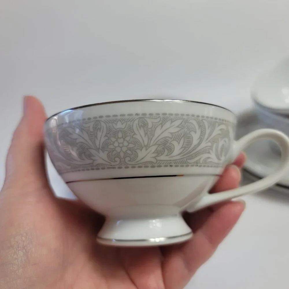 FOUR Imperial China Whitney Cup & Saucers White Gray Band Leaf Scrolls W. Dalton